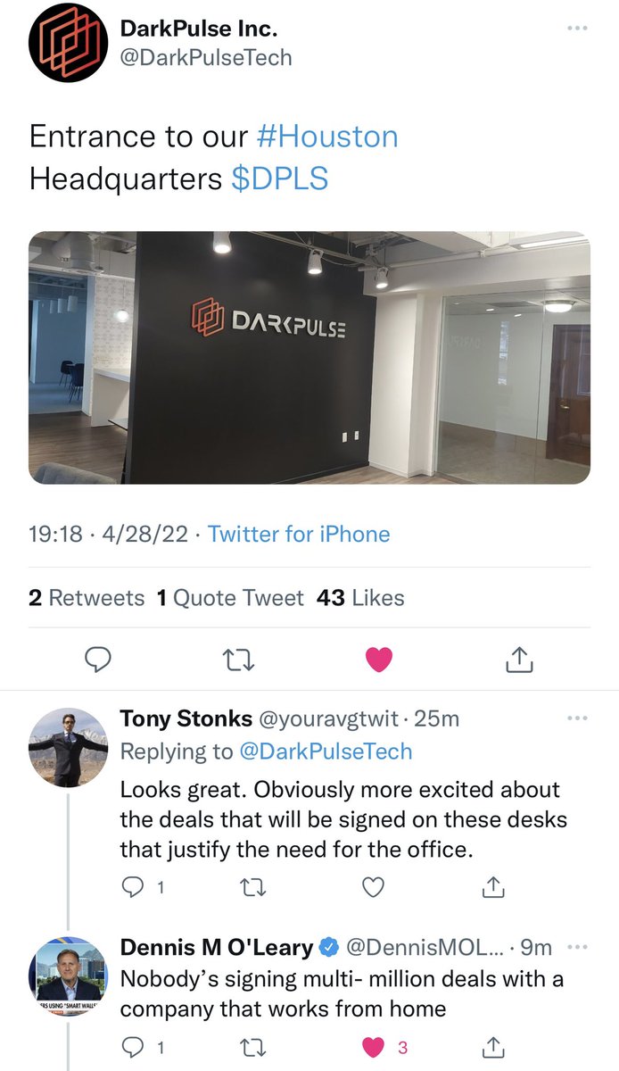 The_Matt_Dee's tweet photo. 🚨 $DPLS Open House 

🔜 Tomorrow 29 Apr, 2022 3-7pm CDT

🔥 CEO @DennisMOLeary to unveil @darkpulse Global Corporate HQ

815 Walker St Houston, TX

@FoxBusiness @CNBC @MorningsMaria @ForbesBizCncl @DailyMail @jpmorgan 
@Optilan @EEMWCo 
#infrastructure #EspersonBuilding https://t.co/bHN0ivOfdW