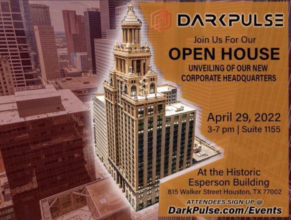 The_Matt_Dee's tweet photo. 🚨 $DPLS Open House 

🔜 Tomorrow 29 Apr, 2022 3-7pm CDT

🔥 CEO @DennisMOLeary to unveil @darkpulse Global Corporate HQ

815 Walker St Houston, TX

@FoxBusiness @CNBC @MorningsMaria @ForbesBizCncl @DailyMail @jpmorgan 
@Optilan @EEMWCo 
#infrastructure #EspersonBuilding https://t.co/bHN0ivOfdW