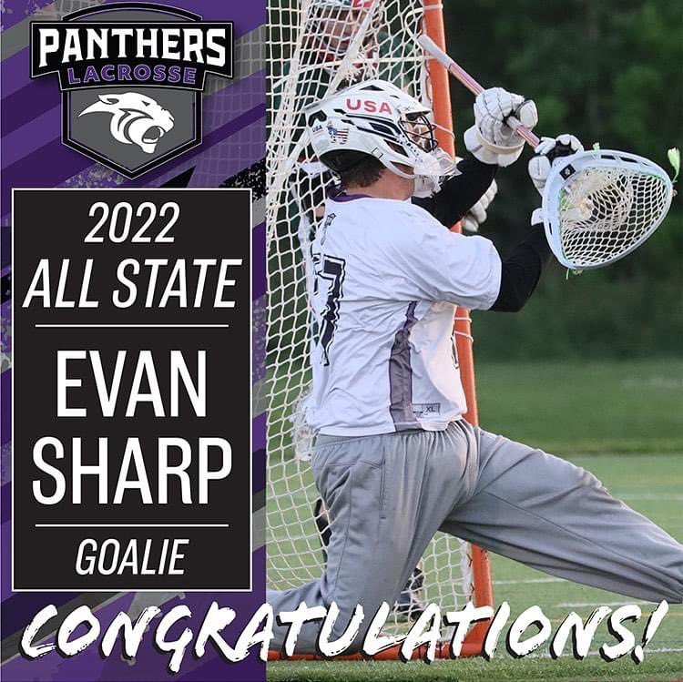 Congrats to Evan Sharp ‘22 goalie for his Lacrosse All State recognition. Great season <a href="/Evan_Sharp_/">Evan Sharp</a> !
#PantherPride