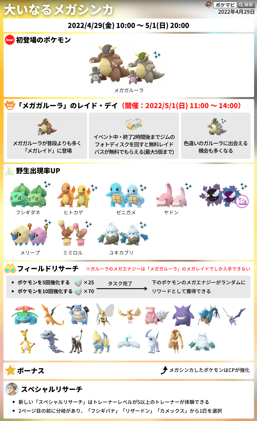 ポケモンgo攻略情報 ポケマピ 大いなるメガシンカ イベント開催 期間 22 4 29 金 朝10時 5 1 日 時 メガガルーラ 初登場 メガシンカアップデート実装 メガガルーラのレイドデイ フィールドリサーチからメガエナジー メガシンカ