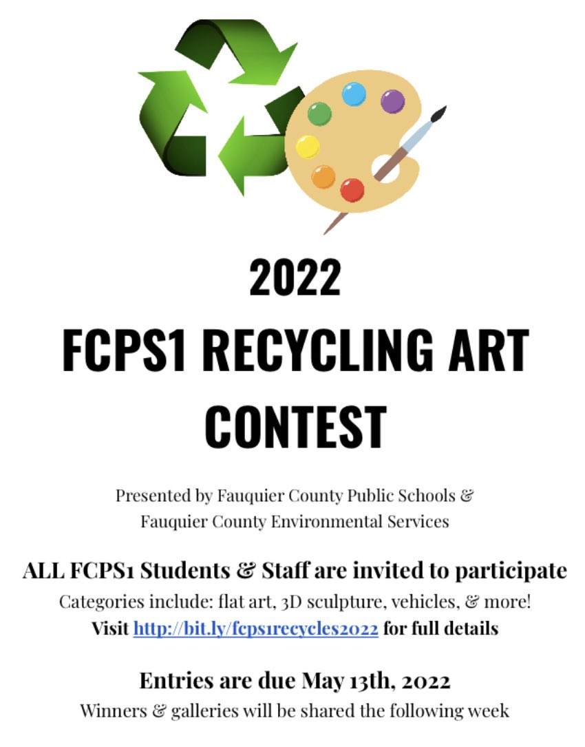 Show us your recycling art! ♻️🎨

<a href="/FCPS1News/">Fauquier Schools VA - NEWS</a> &amp; <a href="/FCES_Recycles/">Fauquier Recycles</a> invite FCPS1 students &amp; staff to submit photos of recycled &amp; upcycled works of art for the 2022 Recycling Art Contest!

Learn more at bit.ly/fcps1recycles2…
Deadline is March 13th