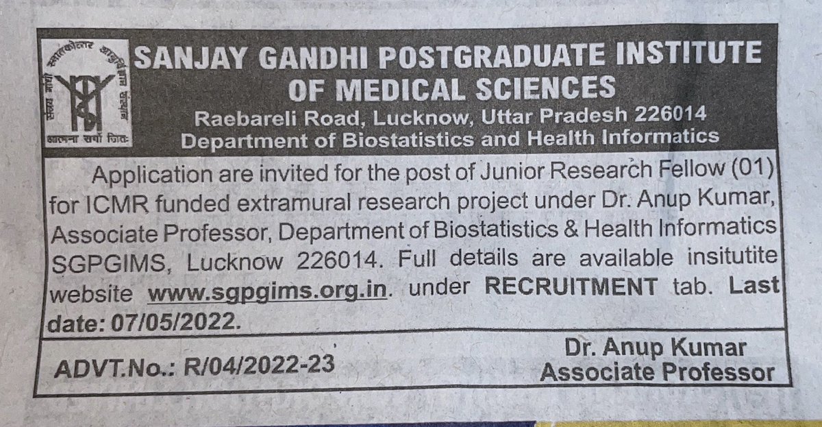 nainrs's tweet photo. Junior research fellowship available at Sanjay Gandhi Postgraduate Institute of Medical Sciences, Lucknow @SGPGI @PhDStudents @biotechplucknow @AKTU_Lucknow @iet_lucknow @cbmrofficial https://t.co/Ik6sWPmVm9