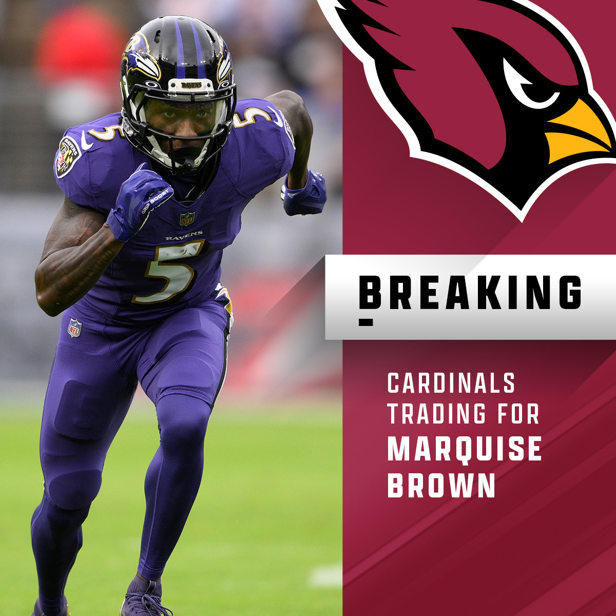 NFL on Twitter: "🚨 TRADE 🚨 The @AZCardinals acquire Marquise Brown and  the No. 100 overall pick from the @Ravens for the No. 23 overall pick. (by  @pizzahut) https://t.co/PEDFQQIKXh" / Twitter