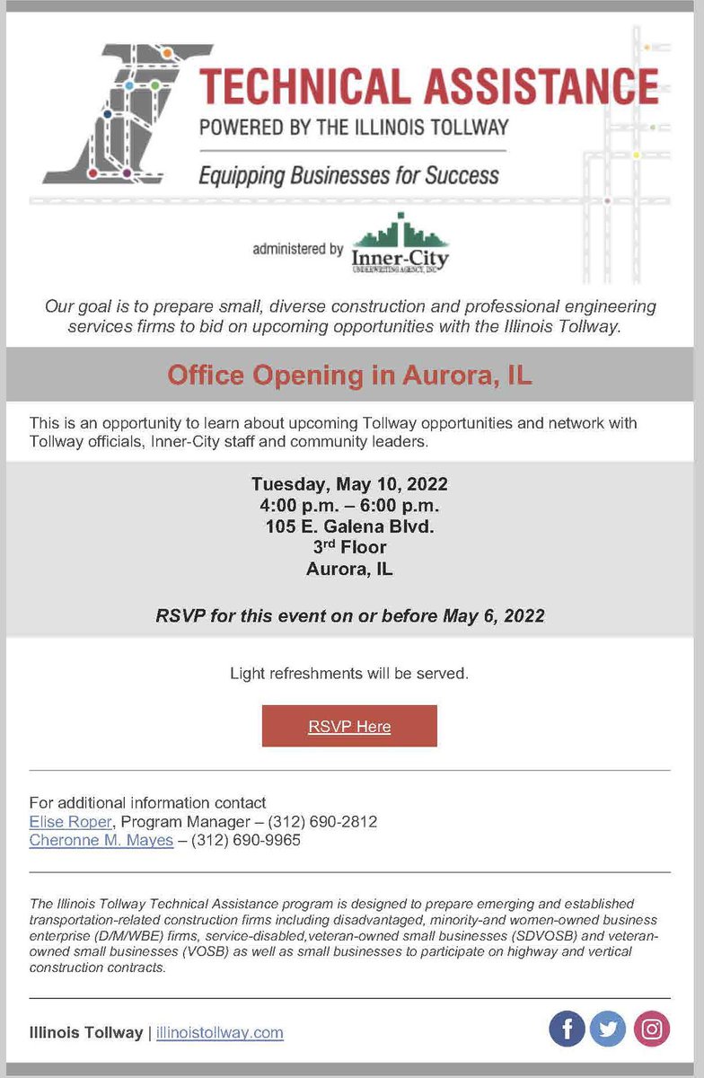 TMSGPublisher's tweet photo. If you are a construction contractor and you want to and you want to bid on upcoming opportunities with the Illinois Tollway, register for this open house and meet the folks at Inner City Underwriting Agency. https://t.co/GbKn93l77i https://t.co/Ii3LYRytB1