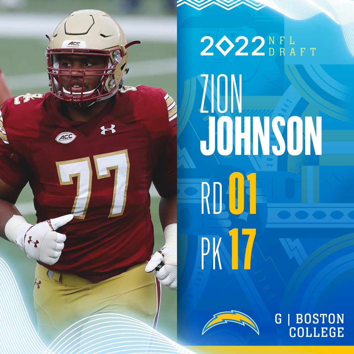 NFL's tweet photo. With the No. 17 overall pick in the 2022 @NFLDraft, the @chargers select Zion Johnson!

@NewEraCap | #BoltUp 

📺: 2022 #NFLDraft on NFLN/ESPN/ABC https://t.co/mhpxUucEc2