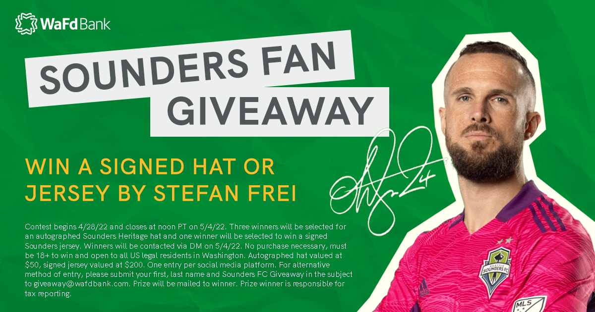 WAFDbank's tweet photo. 🚨GIVEAWAY🚨 The @SoundersFC are making a historic run in the final! To celebrate, we’re giving fans a chance to win a signed Stefan Frei hat or jersey. Here’s how to enter: 1) Like + Share/Retweet this post 2) Tag a friend in the comment section 3) Follow @WAFDBank https://t.co/JnDNRIxruO
