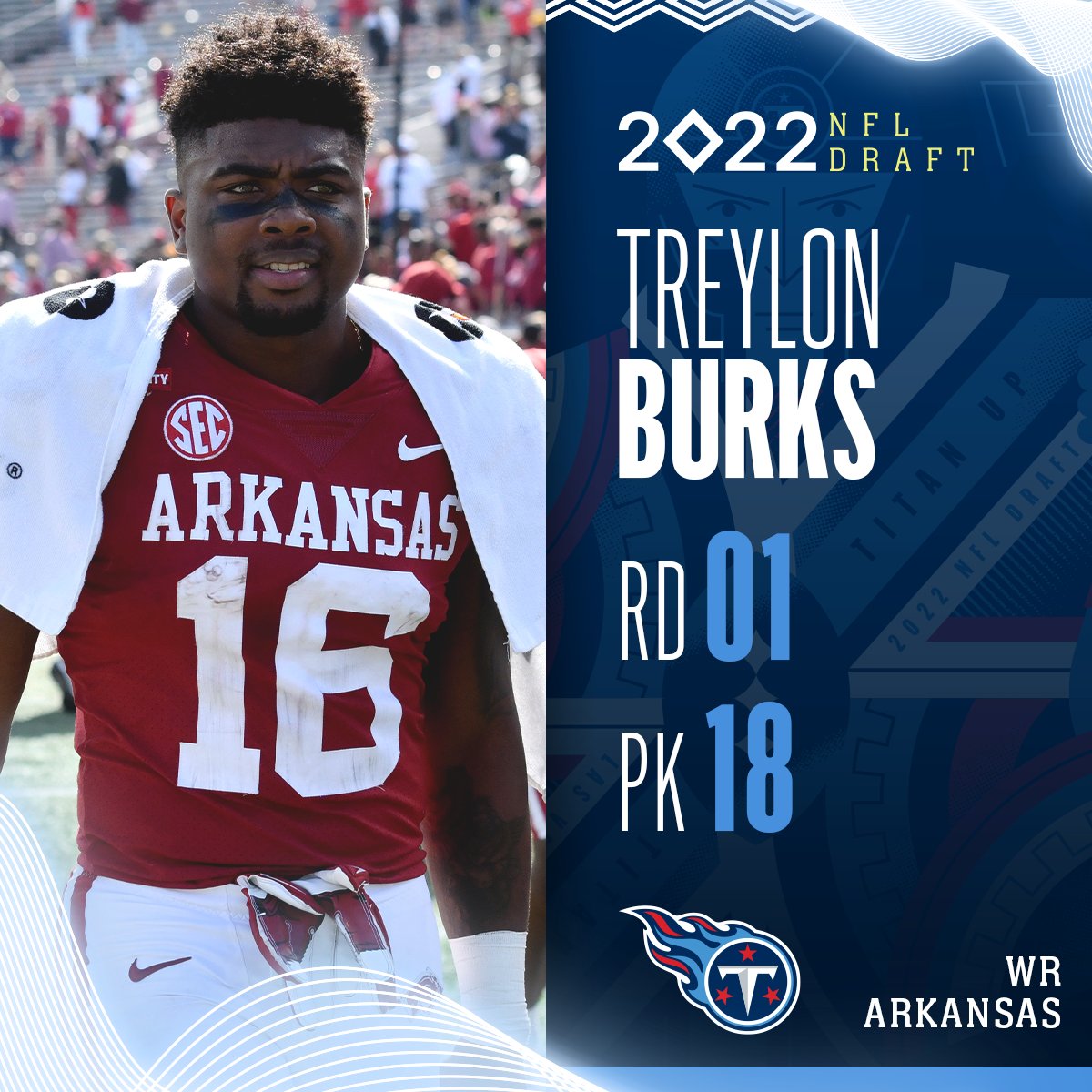 NFL (@nfl) on Twitter photo With the No. 18 overall pick in the 2022 <a href="/NFLDraft/">NFL Draft</a>, the <a href="/Titans/">Tennessee Titans</a> select Treylon Burks!
<a href="/NewEraCap/">New Era Cap</a> | #Titans
📺: 2022 #NFLDraft on NFLN/ESPN/ABC With the No. 18 overall pick in the 2022 <a href="/NFLDraft/">NFL Draft</a>, the <a href="/Titans/">Tennessee Titans</a> select Treylon Burks!
<a href="/NewEraCap/">New Era Cap</a> | #Titans
📺: 2022 #NFLDraft on NFLN/ESPN/ABC