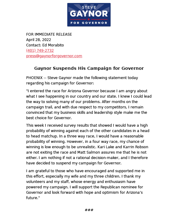 gaynorforgov's tweet photo. I have decided to suspend my campaign for Governor. I am grateful to those who have encouraged and supported me in this effort.

https://t.co/ToZCLsZzSI https://t.co/a1NxZVrdWo