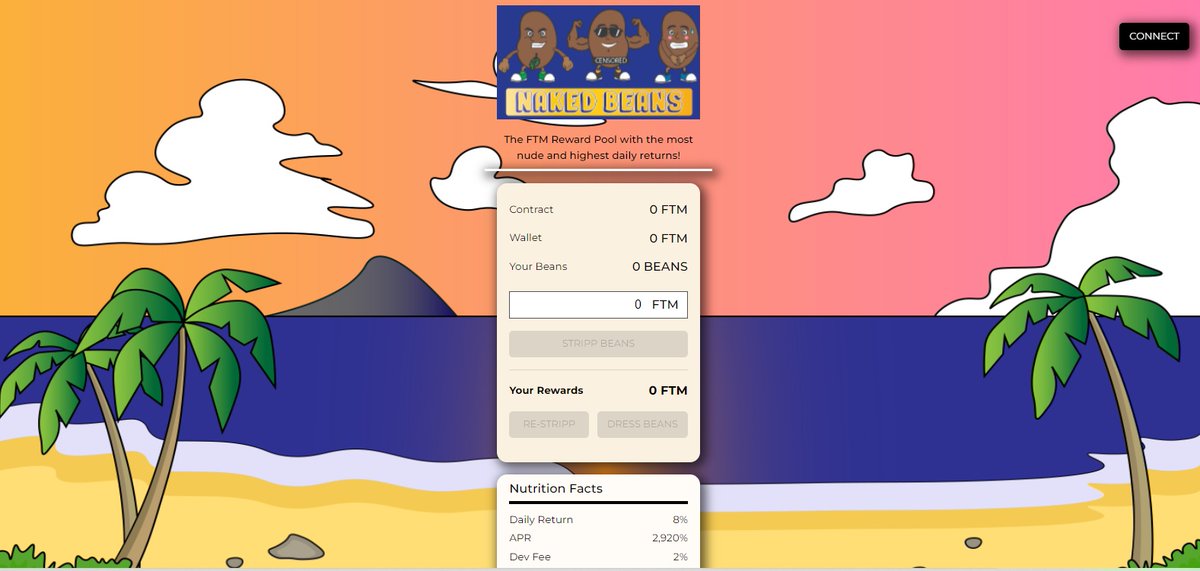 New Upcoming!! #NakedBeans

🌴 8% Daily - 2,920% APR
🌴12% Referrals
🌴 2% Dev Fee
🌴 On the $Fantom Network
🌴 #BakedBeans Fork
🌴 Launch in less then 2 Days and 16 Hours

nakedbeans.finance