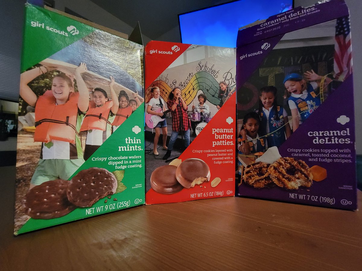 Gamer_Fey's tweet photo. What's your go to #girlscout #cookies ? 

I been munching on these 3 I think $7 a box 📦 🤔 https://t.co/bNALmB8n7Q