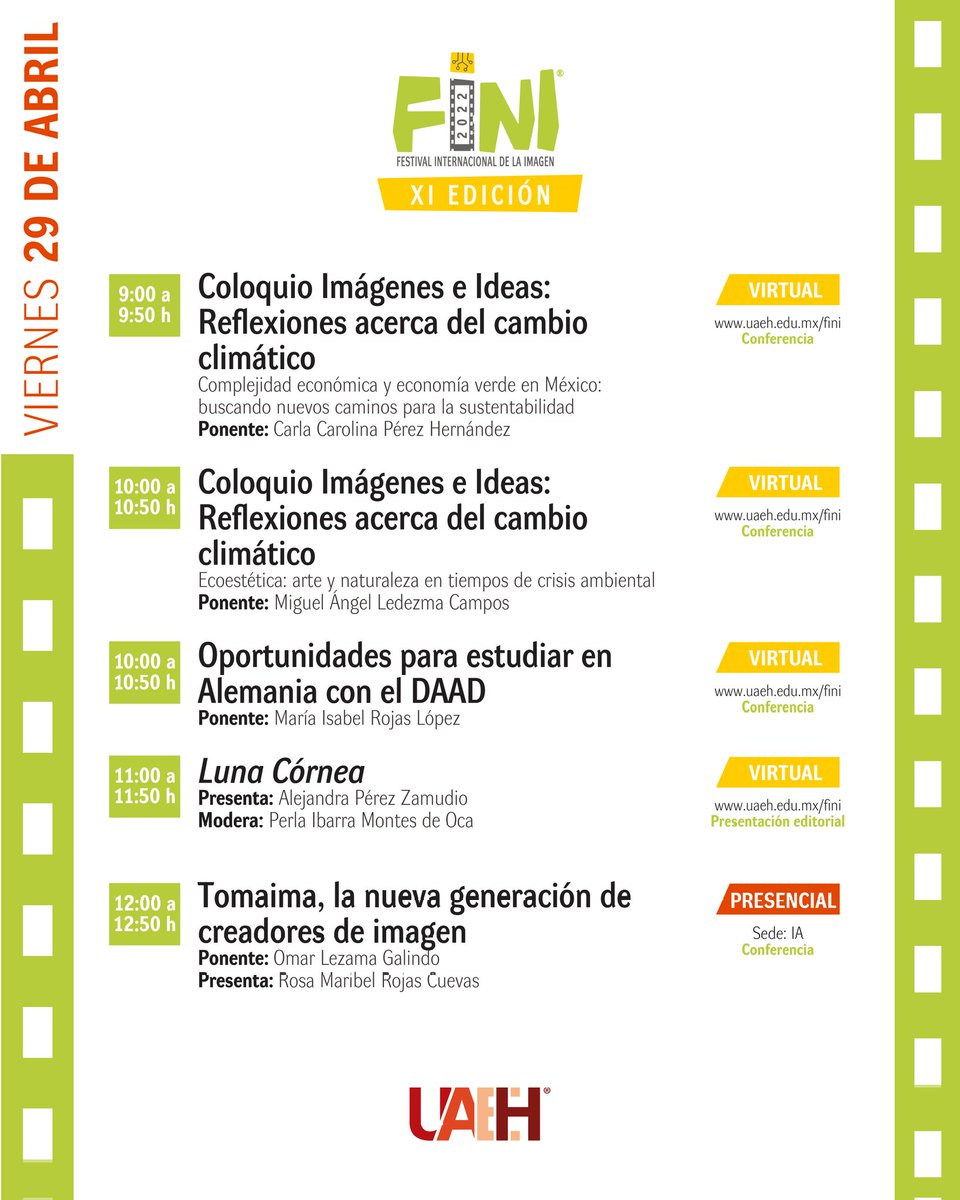 finimx's tweet photo. 🚨 | Te invitamos a ser partícipe del cierre de actividades del FINI, que se llevarán a cabo mañana viernes 29 de abril, en las diversas sedes de la @UAEH_OFICIAL. ¡No te pierdas ningún evento! ¡Sigue nuestras transmisiones!
#UAEH #FINIXI #FINI2022 https://t.co/TvUJbMmh3a