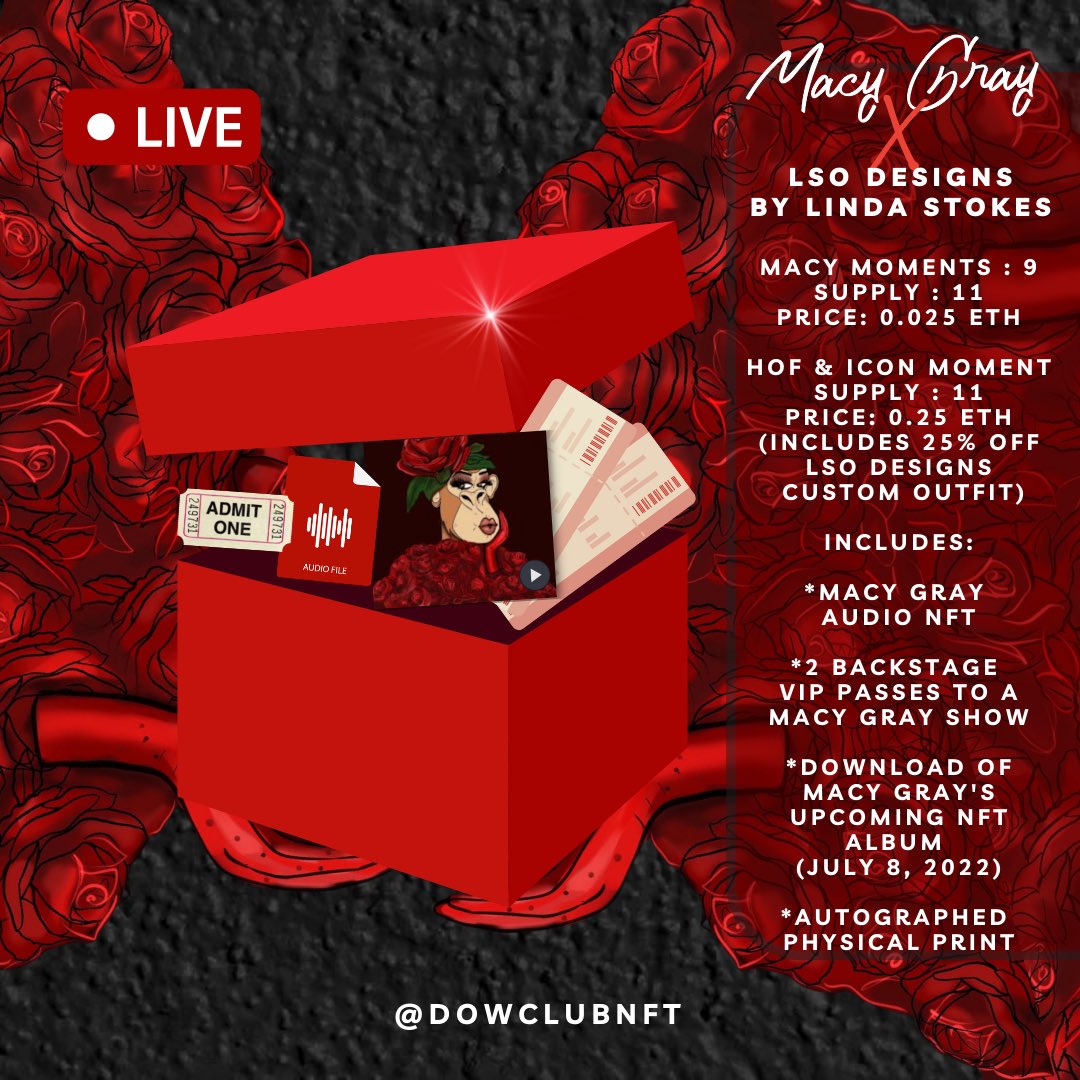lsodesigns's tweet photo. @MacyGraysLife just blessed you all 
🚨we are LIVE🚨

#nft #NFTdrops #macygray #dowclubnft https://t.co/JcxSB9CCYc