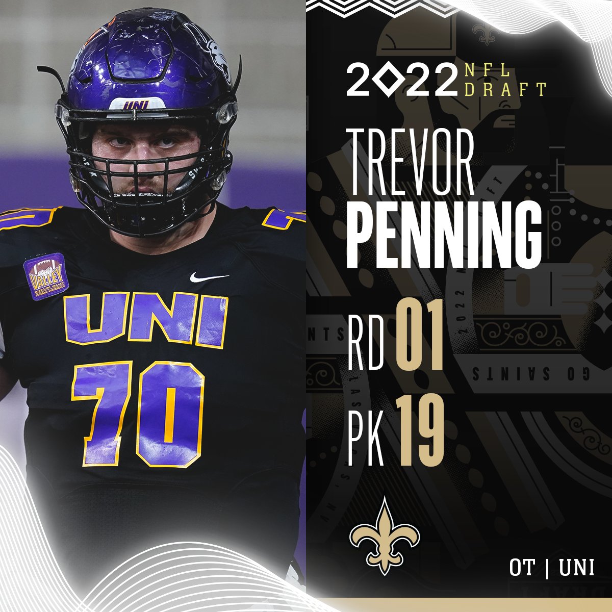 NFL's tweet image. With the No. 19 overall pick in the 2022 @NFLDraft, the @Saints select Trevor Penning!

@NewEraCap | #Saints 

📺: 2022 #NFLDraft on NFLN/ESPN/ABC