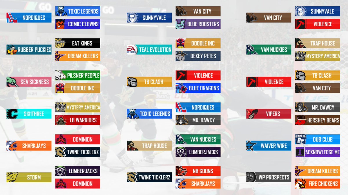 Season 10 is here!

It'll be our biggest season yet as we have a total of 52 teams participating! 😵

Here are the Week 1 matchups!

(716 will verse Finger Puppets and Eat Kings and so on..)

Keep track of the stats and standings on our website!
icetilthockeyleague.com