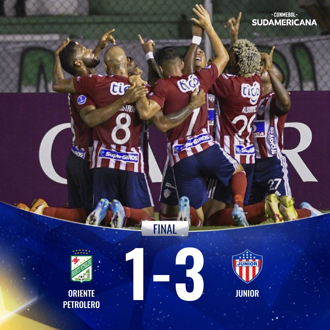 Sudamericana's tweet photo. ⏱️ ¡Final del partido! ¡Ganó @JuniorClubSA y es único líder!

🇧🇴⚽️🇨🇴 El Tiburón derrotó 3⃣-1⃣ a @cdopetrolero en Bolivia, sumó su segundo triunfo y sigue invicto en la Copa.

🏆 Fecha 3 del Grupo H de la CONMEBOL #Sudamericana https://t.co/hXohvPcd7r