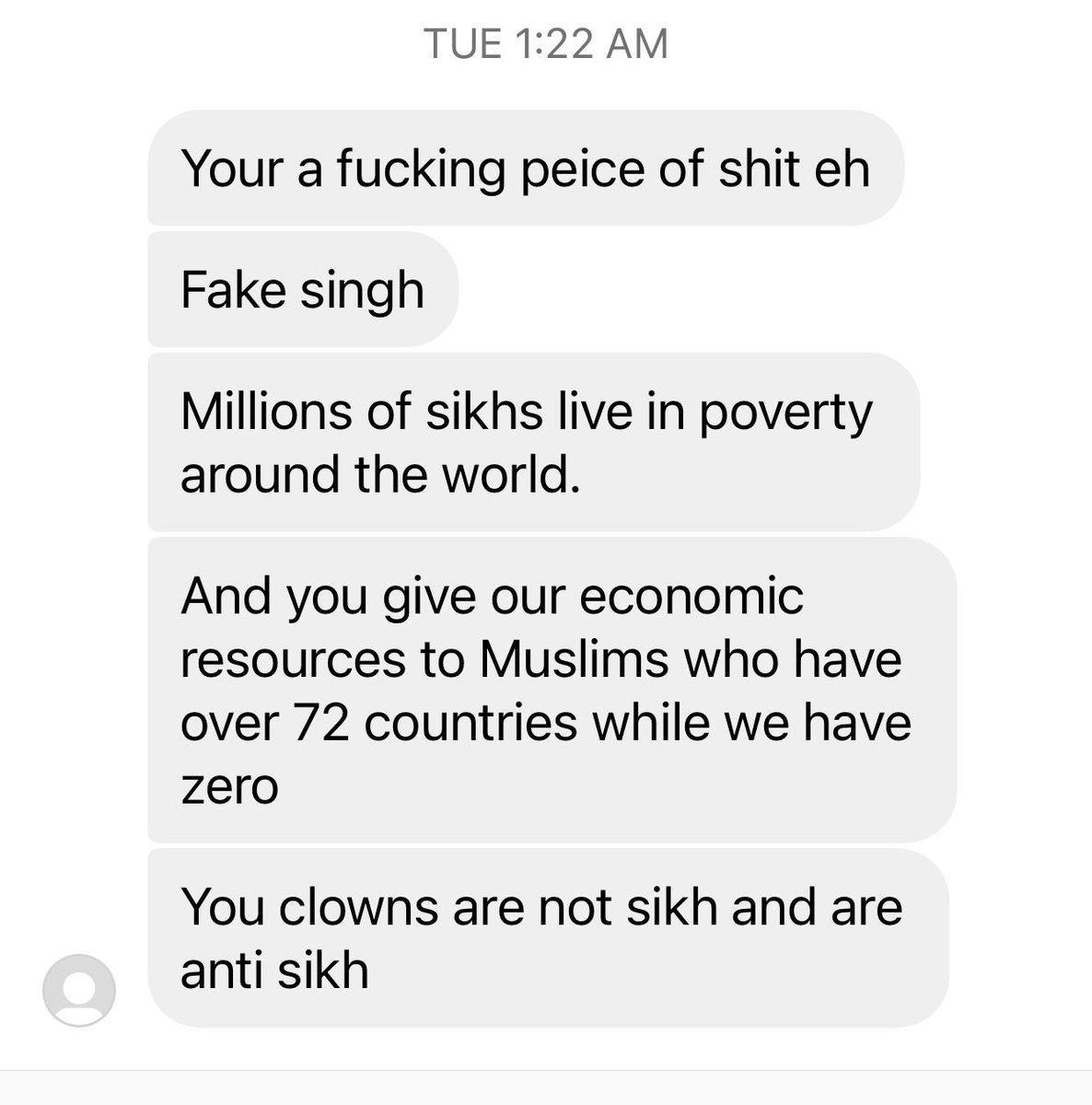 jindisinghka's tweet photo. ‘You’re’ not ‘your’

‘piece’ not ‘peice’ 

Also, while I applaud you for correctly capitalizing ‘Muslim’, I am bewildered, considering your bigoted message, why you didn’t capitalize ‘Singh’ &amp; ‘Sikh’ https://t.co/81qnZUlf8m