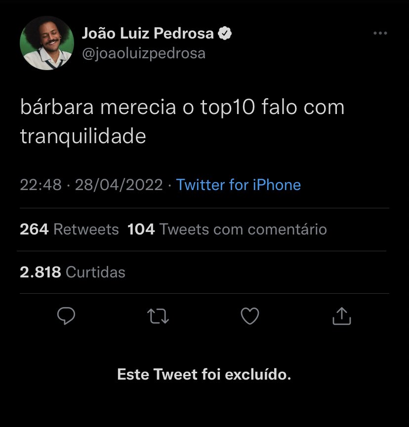 Me admira o <a href="/joaoluizpedrosa/">João Pedrosa</a> falar uma coisa dessas de uma pessoa que teve falas racistas. Se ela merecia o TOP10 , quero saber porq o Rodolffo mereceu ser eliminado, por ter falado do seu cabelo. A seletividade de vocês me surpreende a cada dia, a lacração é sempre por likes.