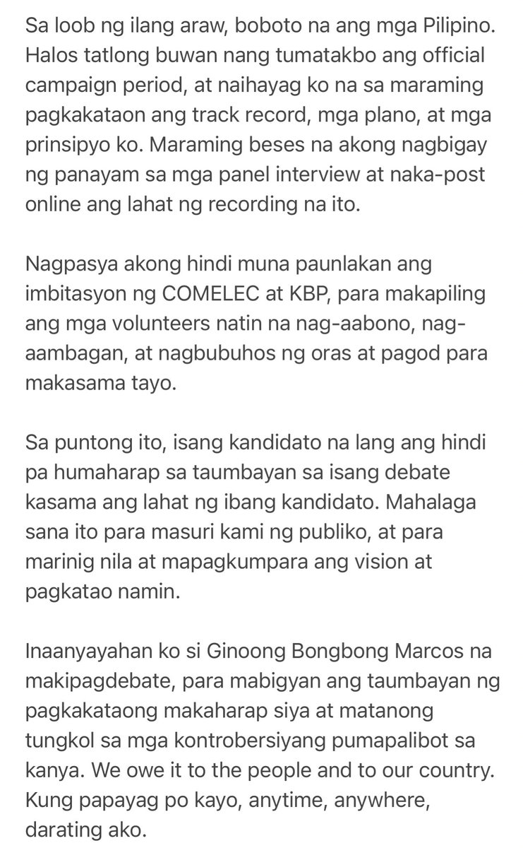 maracepeda's tweet photo. Presidential bet VP Leni Robredo challenges frontrunner, the late dictator’s son Ferdinand Marcos Jr, to a debate on the last stretch of the campaign, says she would no longer join the Comelec-KBP interviews as her volunteers have already organized rallies for her @rapplerdotcom https://t.co/Ou1H7mYIfz