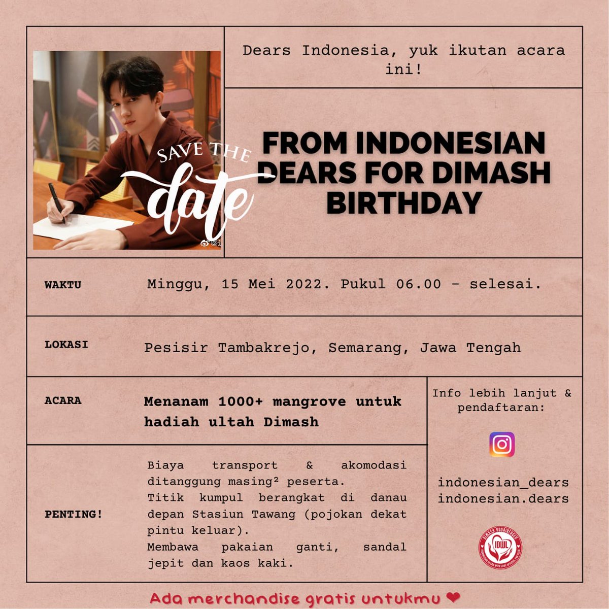 IndonesianDears's tweet photo. Alhamdulillah, mangrove campaign kita FROM INDONESIAN DEARS FOR DIMASH BIRTHDAY berhasil mencapai target.
Atas dukungan dan doa teman teman semua, saat ini kita telah berhasil mengumpulkan donasi bibit mangrove sebanyak 1040 pohon ππ»ππ»
#DimashBirthdayProject https://t.co/3ycJPSvl1p