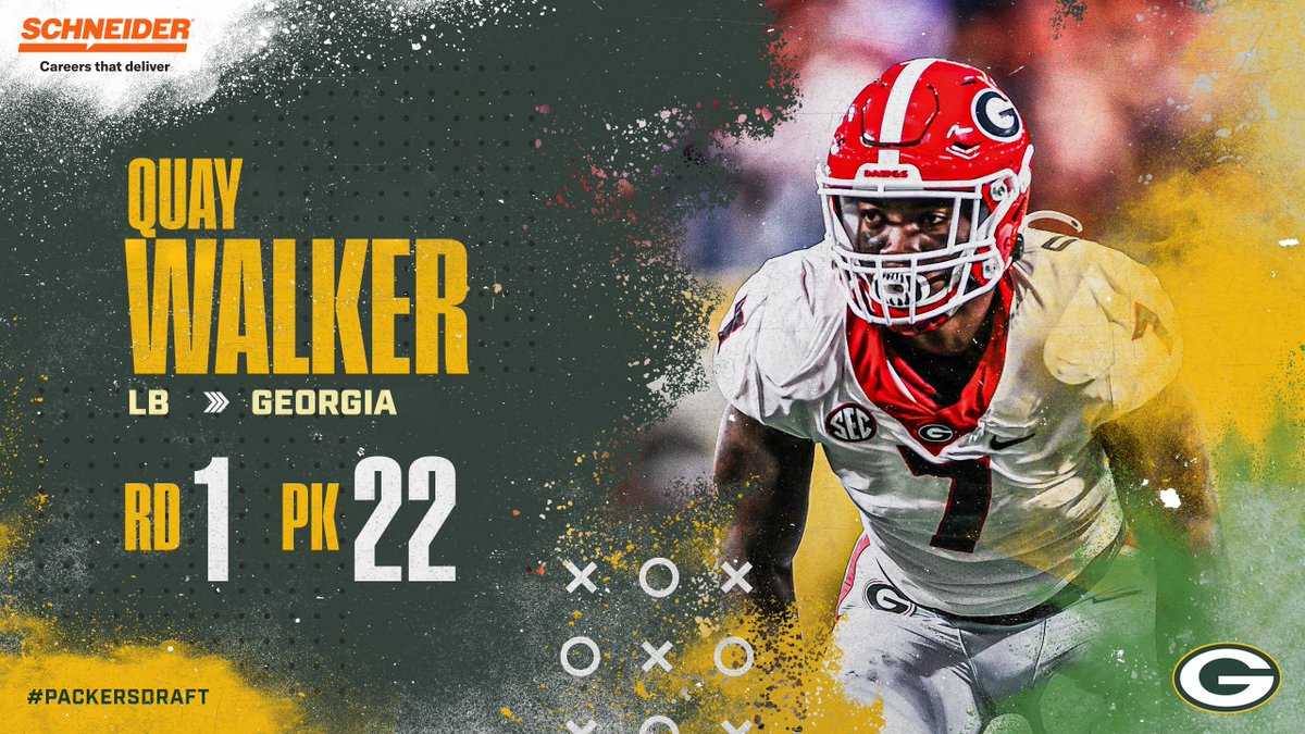 packers's tweet photo. 🚨 THE PICK IS IN 🚨

With the 22nd pick in the 2022 #NFLDraft, the #Packers select Georgia LB Quay Walker!
  
#PackersDraft | @SchneiderCareer https://t.co/7gHJ7XpFZM