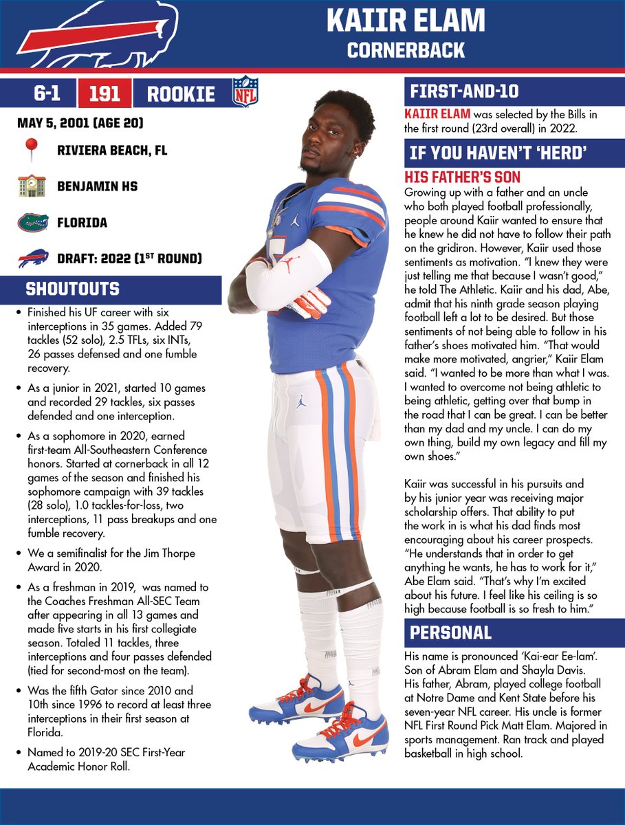 BuffaloBillsPR's tweet photo. The @buffalobills have selected CB Kaiir Elam out of Florida with the 23rd overall pick. https://t.co/t60RfbZaQq