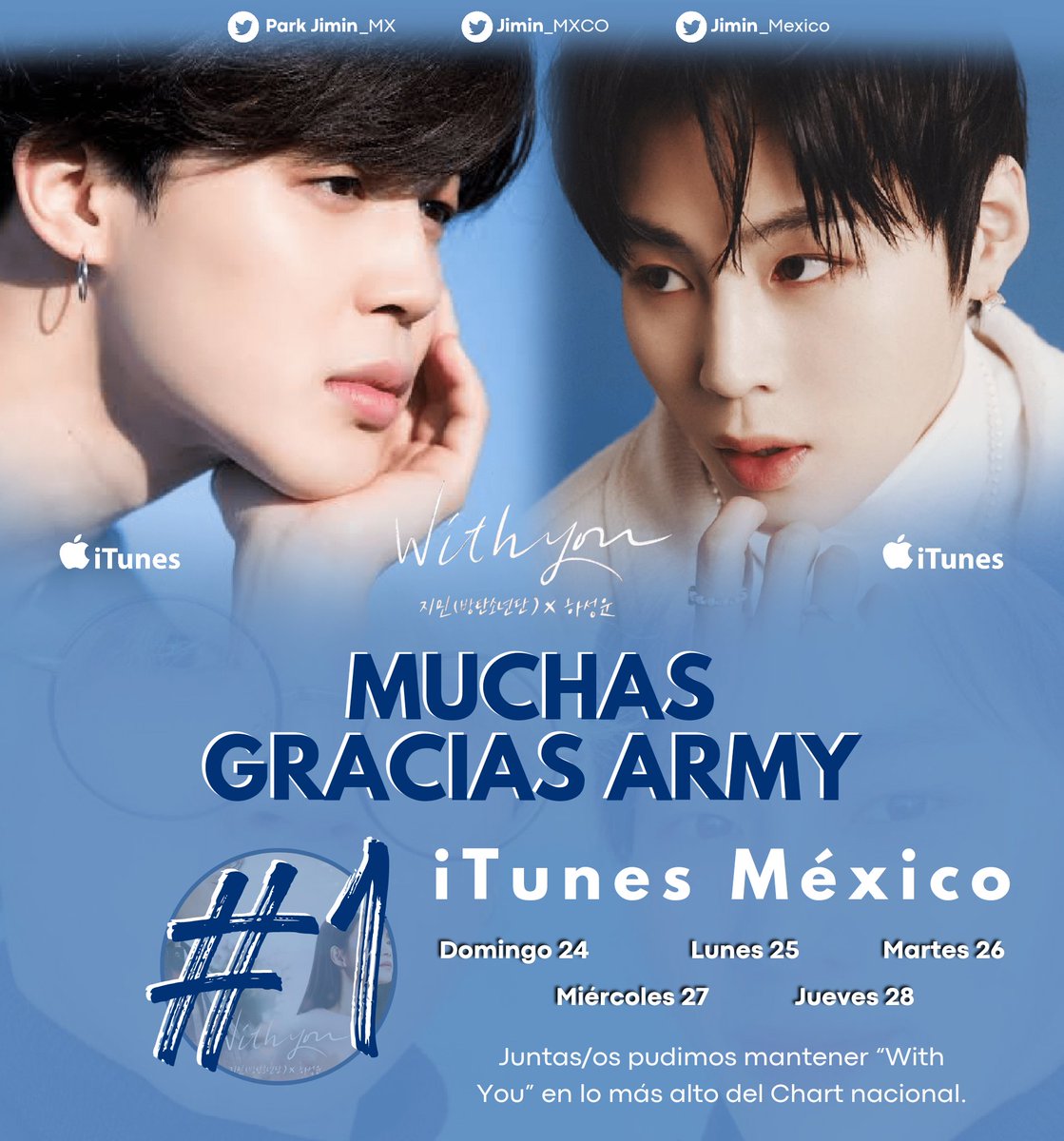 ✨#WithYou de #JIMIN &amp; SUNGWOON ✨

ARMY! 💜
Mil gracias por acompañarnos estos 5 días de compras donde mantuvimos 'With You' en lo más alto de iTunes México 🇲🇽🔥

👀Versión instrumental próximamente...

<a href="/ParkJimin_MX/">Park Jimin México 💛</a> <a href="/Jimin_Mexico/">JIMIN México</a> <a href="/Jimin_MXCO/">Jimin MXCO⁷ 🇲🇽 / (slow) Fan account</a>

#JiminxHaSungwoon_WithYou <a href="/BTS_twt/">방탄소년단</a>