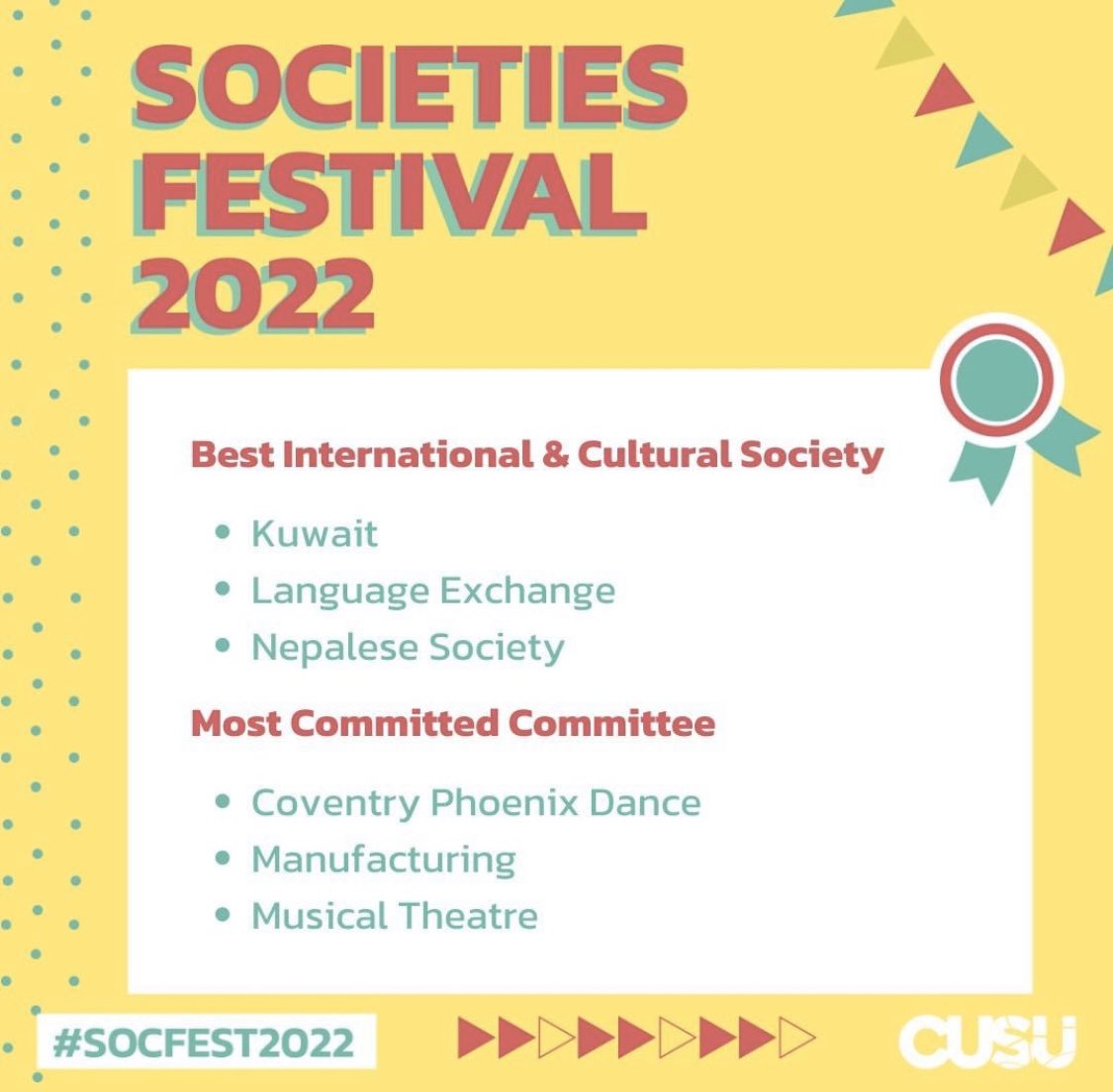 تم تقليص قائمة المرشحين إلى القائمة النهائية، مازالت الجمعية الكويتية حاضرة في سباق الترشيح على جميع الجوائز التي قد تم ترشيحنا لها من أصل ١٠٠ جمعية مندرجة تحت الCUSU. تواجدنا كمرشحين على جائزتين ضمن ٣ جمعيات لكل فئة في عامنا الأول إنجاز نفتخر به.

حفل تقديم الجوائز اليوم 💙