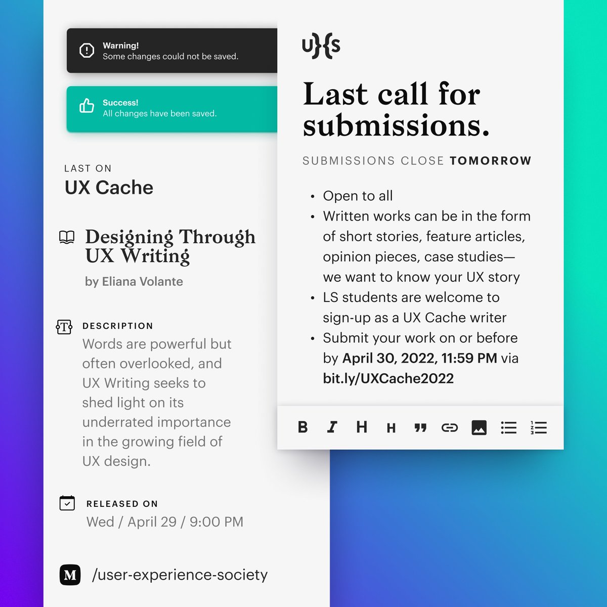 uxsocietyph's tweet photo. Tomorrow’s the last day UXSoc will be accepting submissions for UX Cache! You have until April 30, 2022, 11:59 PM, to participate in the design narrative. Submit here ➡️ https://t.co/7VLn3nXjKz 📝
----------------------------------
Pub by Chanel Ang
Spiel by Cecilia Cancio https://t.co/1sEwHKvGPU