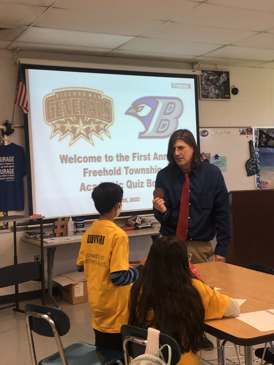 BLoganDDE's tweet photo. So proud and honored to be a part of the First Annual Freehold Township Academic Quiz Bowl! Well done Mr. Tansey, Mr. Krupp &amp; Mr. Baker @DDEBaker #GoooooooGenerals #giantcointoss #historyinthemaking https://t.co/NK7cA2Rs25