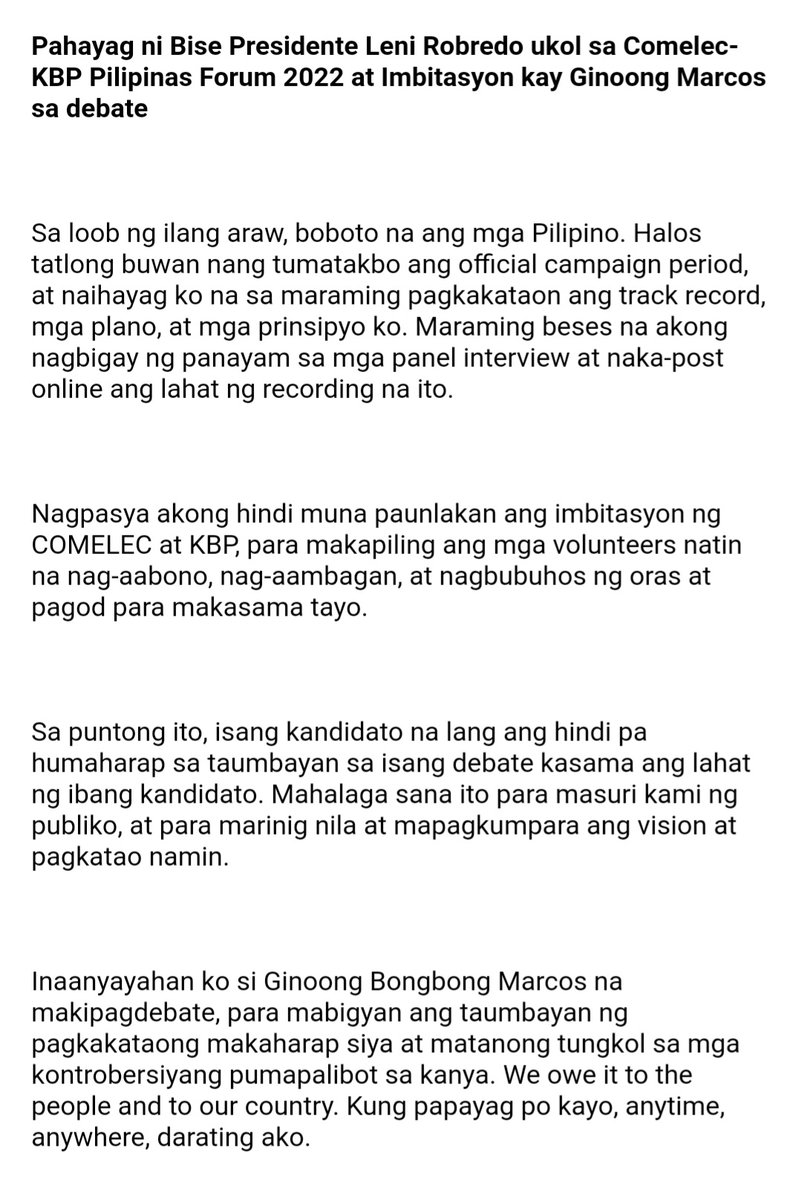 barrygutierrez3's tweet photo. "Inaanyayahan ko si G. Marcos na makipagdebate, para mabigyan ang taumbayan ng pagkakataong makaharap siya at matanong tungkol sa mga kontrobersiyang pumapalibot sa kanya. We owe it to the people and to our country. Kung papayag po kayo, anytime, anywhere, darating ako."- VP Leni https://t.co/q9zHQ3zQoh