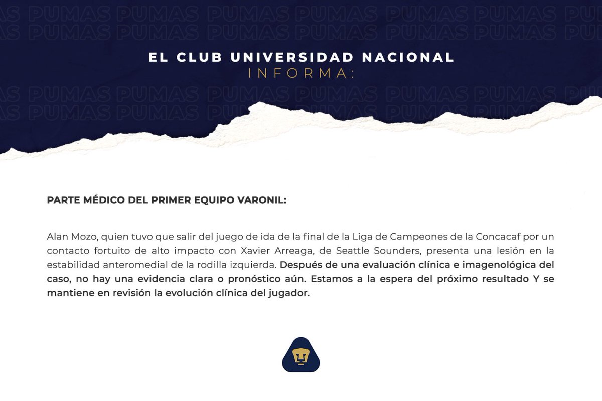 PumasMX's tweet photo. Parte médico del primer equipo varonil. 

#SoyDePumas https://t.co/plE3a2Z6ce