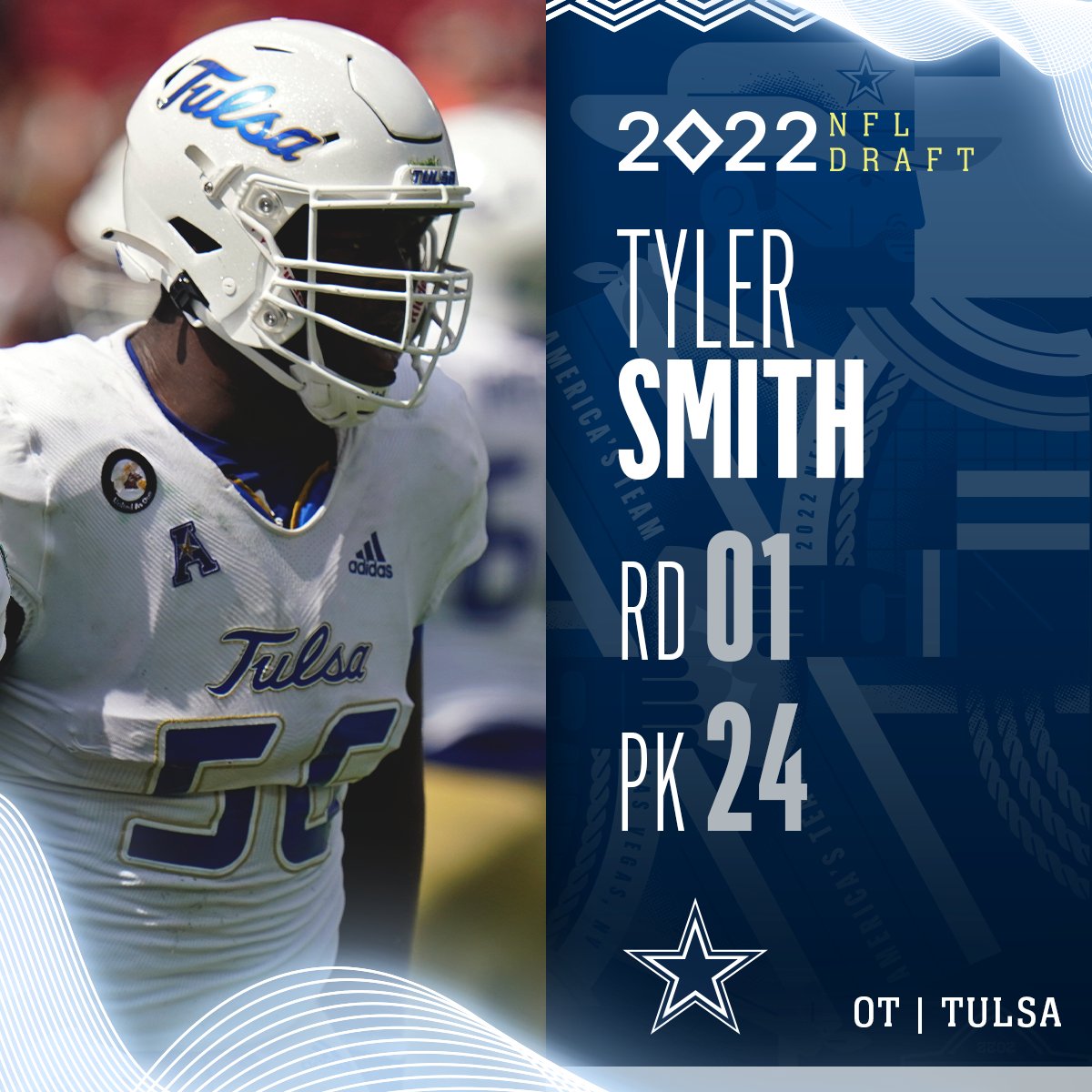 NFL's tweet photo. With the No. 24 overall pick in the 2022 @NFLDraft, the @dallascowboys select Tyler Smith!

@NewEraCap | #DallasCowboys 

📺: 2022 #NFLDraft on NFLN/ESPN/ABC https://t.co/TMQdmdvJ5b