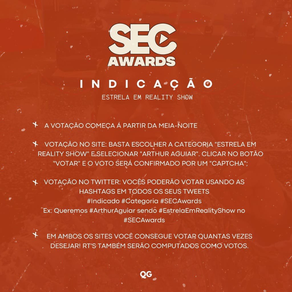 Arthur Aguiar foi indicado ao #SECAwards como "Estrela em Reality Show". As votações começam DAQUI A POUCO 00H. Estamos organizando alguns mutirões e fechamos parceria também. Podemos contar com vocês?