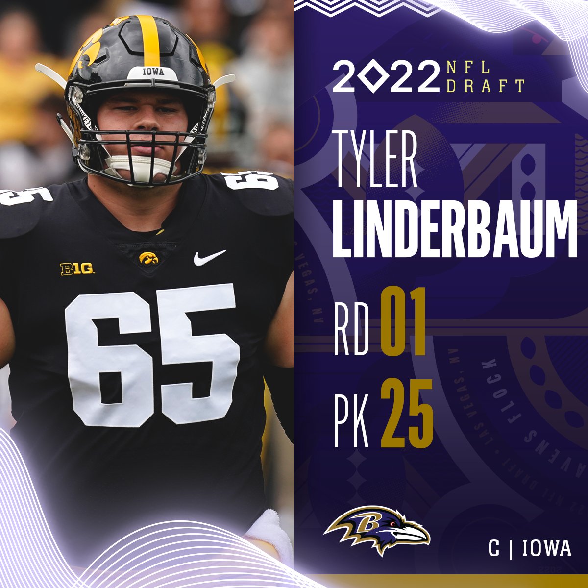 NFL's tweet image. With the No. 25 overall pick in the 2022 @NFLDraft, the @Ravens select Tyler Linderbaum!

@NewEraCap | #RavensFlock 

📺: 2022 #NFLDraft on NFLN/ESPN/ABC