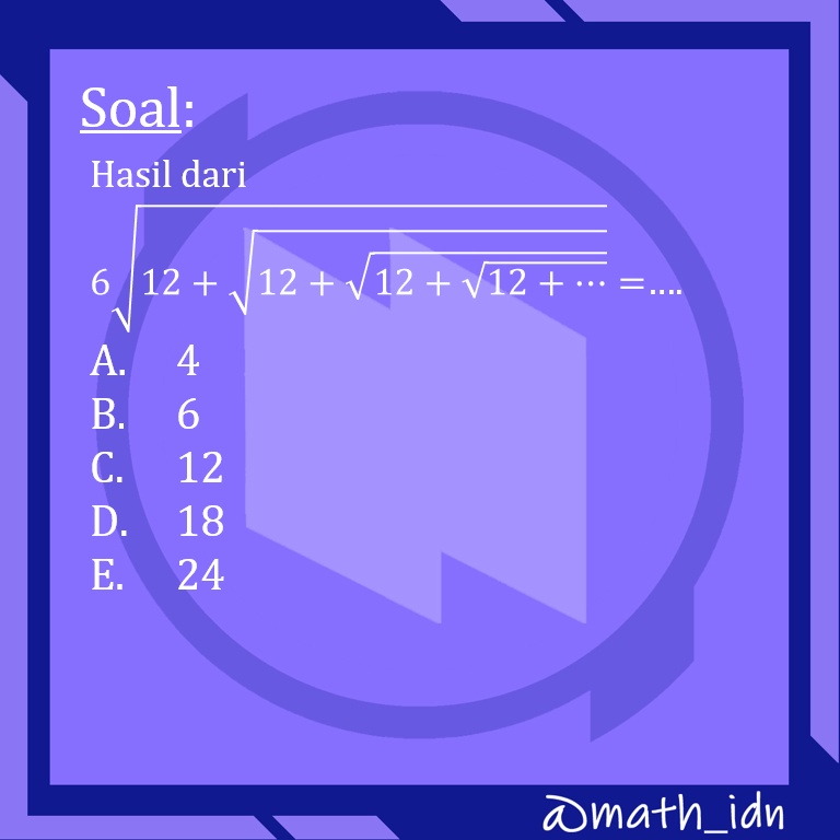 math_idn's tweet photo. Soal!!!
Silahkan dicoba dikerjakan &amp; share story kalian &amp; tag @math_idn untuk direpost 😉
.
.
.
#mathidn #matematikadasar #utbk2022 #sbmptn2022 #math #mtk #materiutbk #ugm2022 #undip2022 #ui2022 #simakui2022 #simakui #matematiksaintek https://t.co/9q6kMpvGby