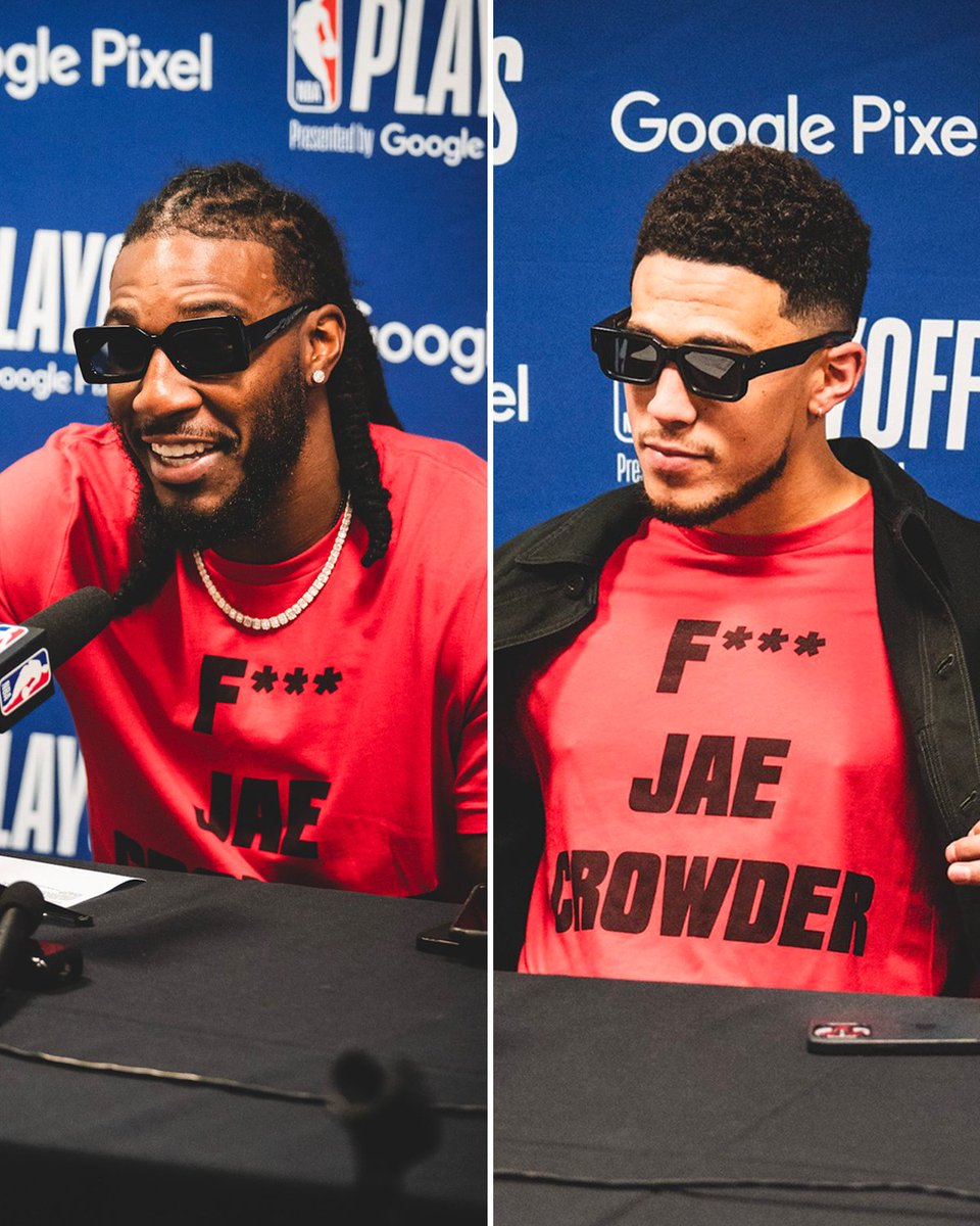 ESPNNBA's tweet photo. Jae Crowder and Devin Booker wore "F*** Jae Crowder" shirts after the Suns' Game 6 win.

(via @Suns) https://t.co/jKKKaxX4Sl