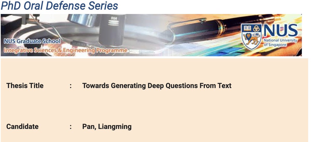 knmnyn's tweet photo. Congrats 🎓👨‍🎓Dr @PanLiangming on defending your thesis ✨Towards Generating Deep Questions From Text✨! He joins @ucsbNLP 's @WilliamWangNLP team for his postdoc. Thx to Hwee Tou Ng, Wee Sun Lee and @clairecardie in helping ✅the thesis! 👏🎉 Well done! @wing_nus #NUSComputing https://t.co/SjjRmO66Hz