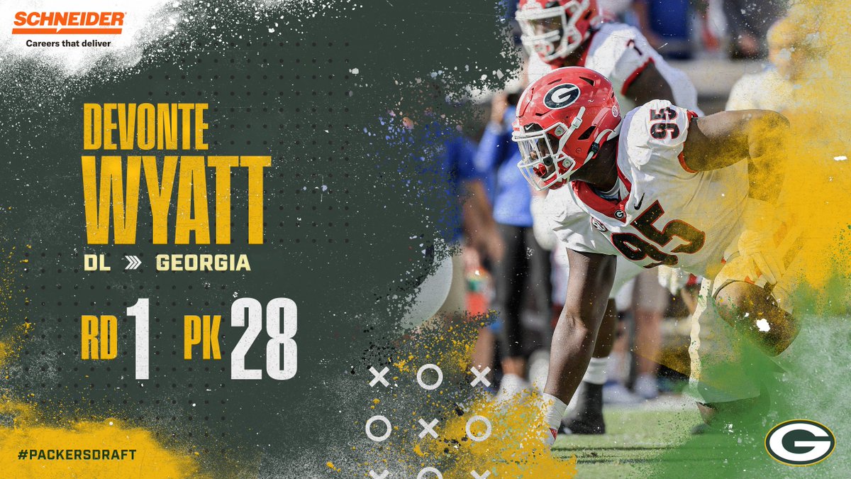 packers's tweet photo. With the 28th pick in the 2022 #NFLDraft, the #Packers select Georgia DL Devonte Wyatt!
  
#PackersDraft | @SchneiderCareer https://t.co/effdv2T5Ea