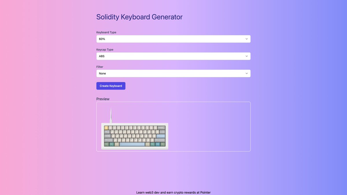 0xhm7's tweet photo. Just built the Solidity Keyboard Generator by @pointer_gg 🎉

Thanks for this tutorial! 😀

Vercel : https://t.co/4phdp7A1WL https://t.co/372ZcuV2VC