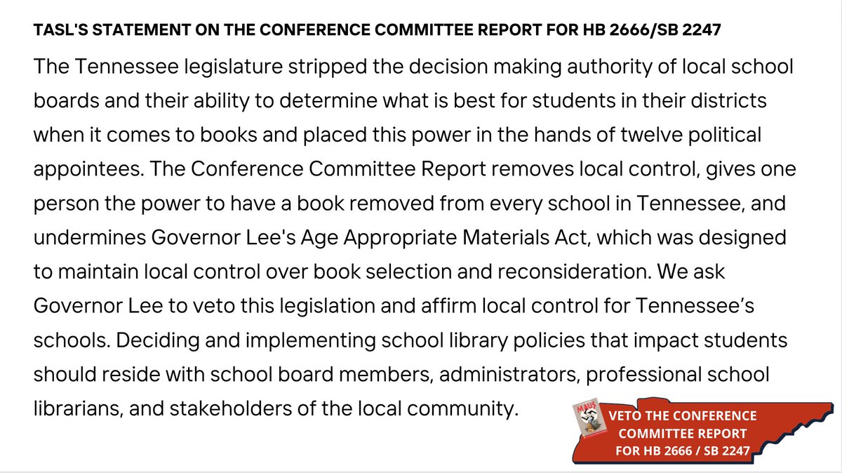 Please read and share our statement on today's Conference Committee Report. Contact Governor Lee's office to ask that he VETO this report.
