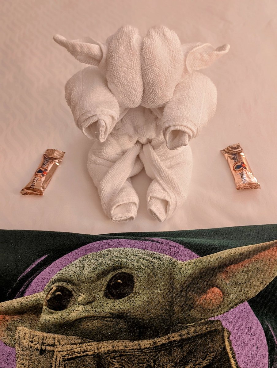 BeciMahnken's tweet photo. Things that make me smile ....
My stateroom attendant found my baby yoda t-shirt that I had folded and placed on the counter....  And this is what I found when I returned to my room....

#disneycruise #meitravel #cruise #towelanimals #disney #babyyoda #starwars https://t.co/9DpLxbMp6F