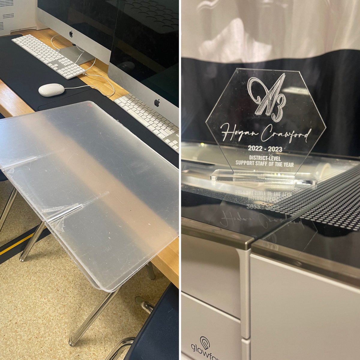 When you turn COVID plexi into awards using the @glowforge it gives all the feels. Thankful for our awesome IT team

#changingthevibe #glowforgeproject #teacherlife