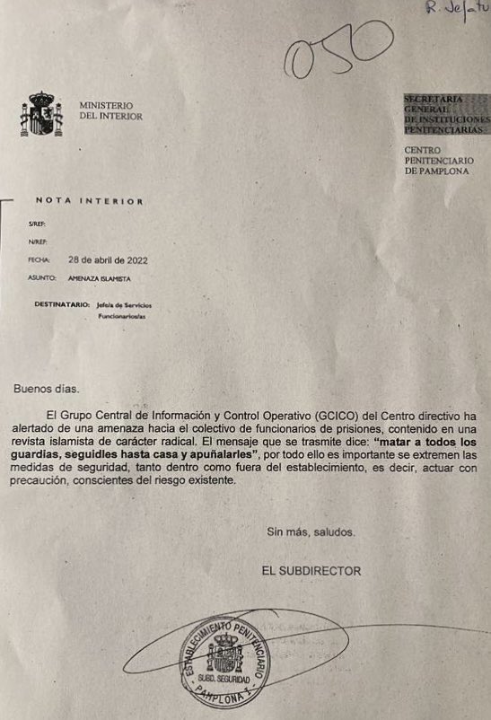 Nuestros Funcionarios de #SOSPrisiones siempre han sido objetivo terrorista. Lo eran con ETA y lo son con el Islamismo Radical

Sanchez sigue sin cumplir con la #DeclaraciónAgentesAutoridad, prefiere cumplir con los secuestradores de Ortega Lara y los asesinos de inocentes