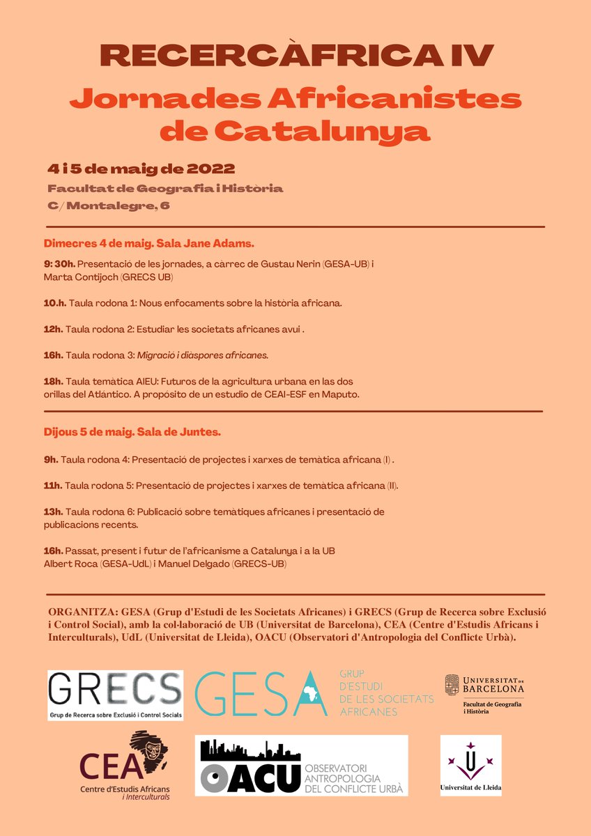 _CEAi's tweet photo. Ja està tot a punt per a les Jornades Recercàfrica! T'esperem els propers dies 4 i 5 de maig a la Facultat de Geografia i Història (UB). https://t.co/cQfMvr5ddA