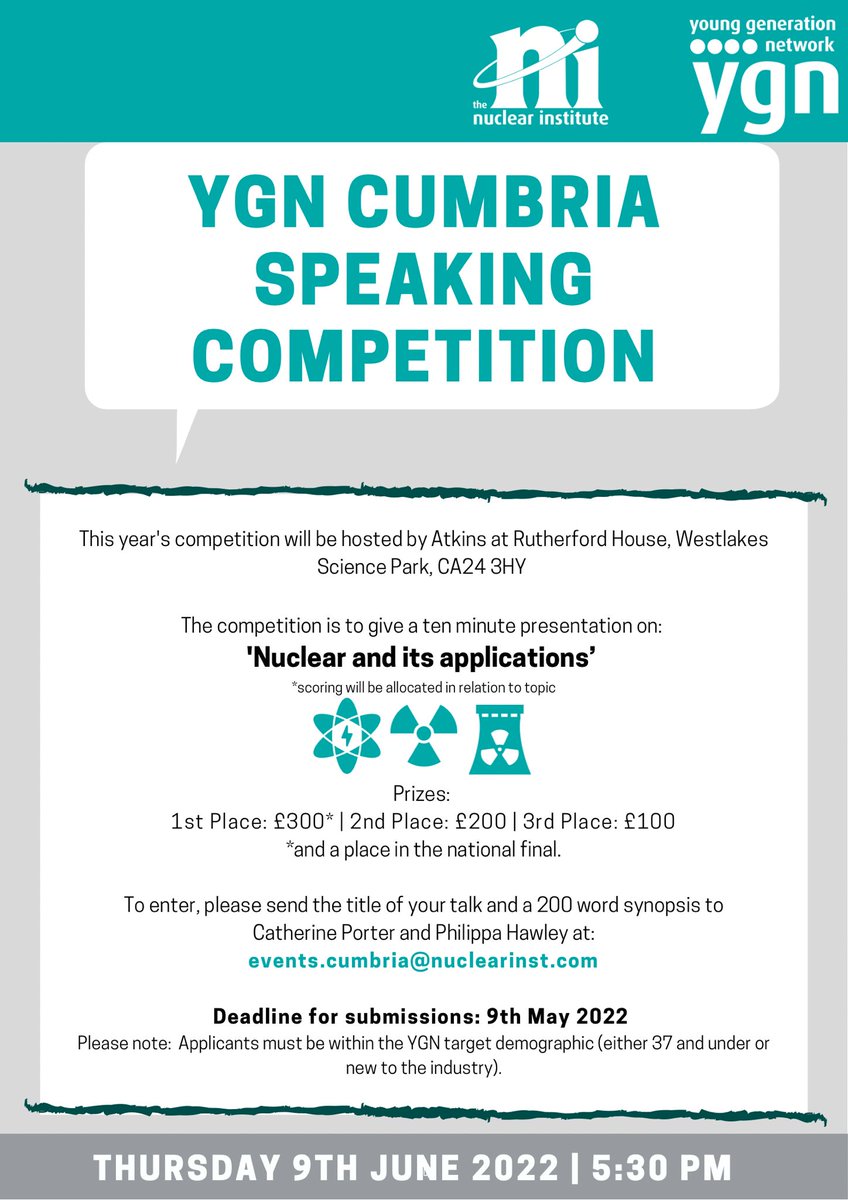 ⚠️Deadline Extended until 9th May ⚠️
You still have time to apply for the <a href="/NI_YGN/">Nuclear Institute Young Generation Network (YGN)</a> Cumbria Branch Speaking Competition 📢
Make sure you don't miss out on this fantastic opportunity to network, enhance your presentational skills and have the chance of winning a cash prizes!