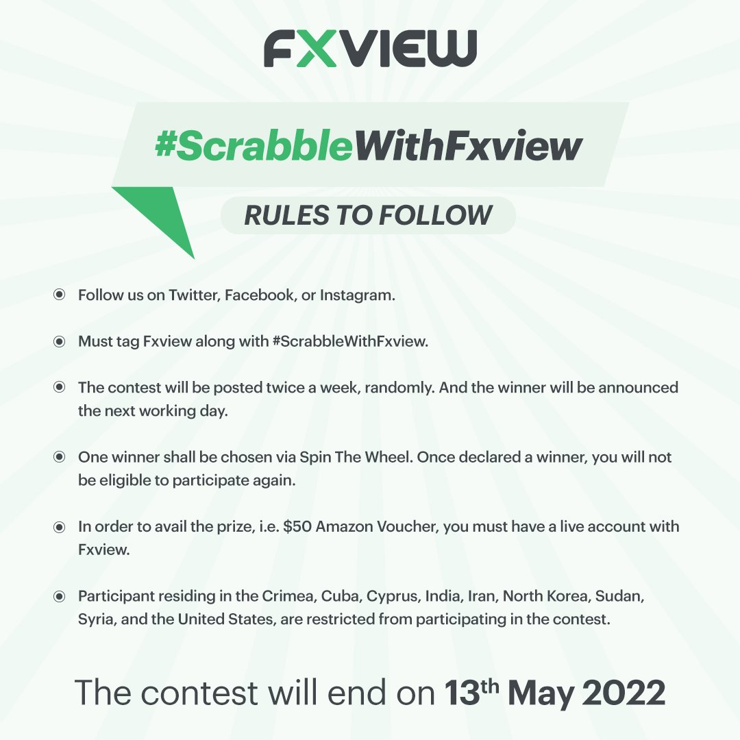 Fxview_Events's tweet photo. Another exciting round of #ScrabbleWithFxview is up now, time to show off your forex knowledge and one lucky winner will be rewarded with an Amazon Voucher worth $50. Don't forget to read the rules. 🥳
#Fxview #contestalert #contest #ParticipateAndWin #giveaway #forexcontest https://t.co/j7mbQnDHeN