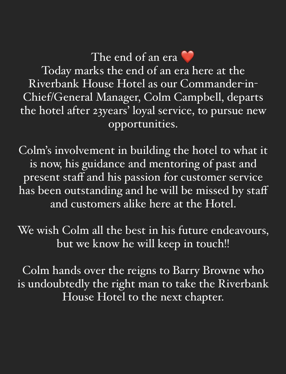 riverbankhotel's tweet photo. The end of an era ❤️ thank you Colm! https://t.co/yPfbZ4xvd1