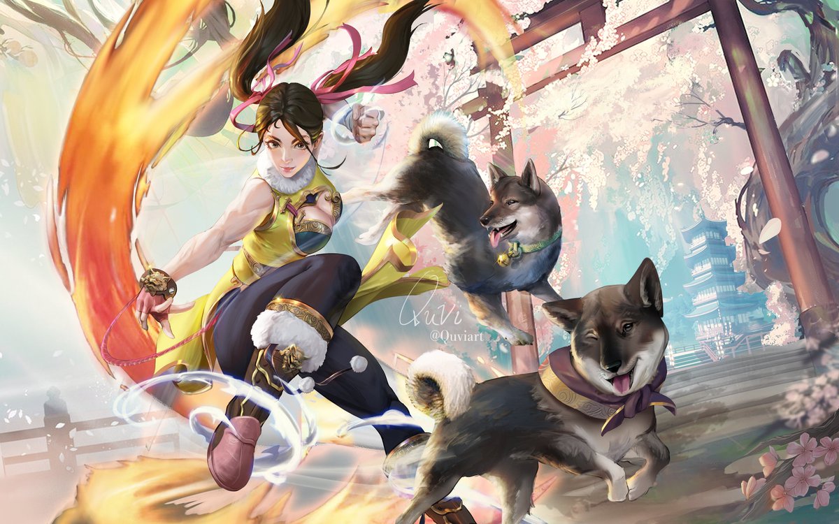 Commission of katana.mak as a martial artist with her two dogs Kenji and Saki~🐕🐶 #oc #AnimeArt #commissionart #chunli #martialarts