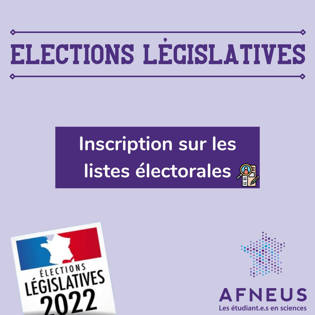 AFNEUS's tweet photo. [Elections législatives]

📢 Les 12 et 19 juin auront lieu les élections législatives 2022.

Pour voter, tu dois être inscrit.e.s sur les listes électorales. Cette inscription est totalement gratuite ! 🗳

⚠️ Il te reste une semaine pour t’inscrire sur les listes de ta commune. https://t.co/ZQM7d0IInu
