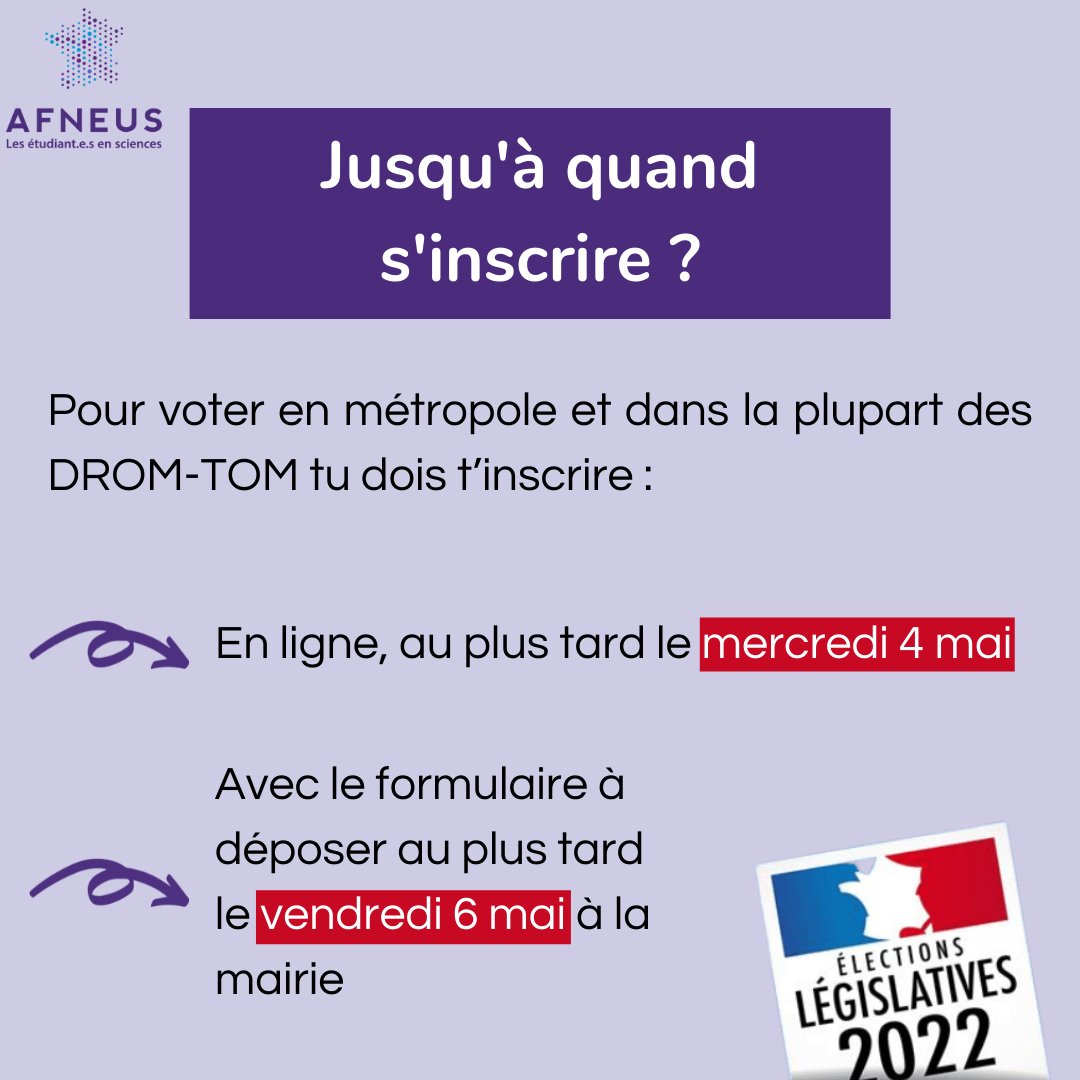 AFNEUS's tweet photo. [Elections législatives]

📢 Les 12 et 19 juin auront lieu les élections législatives 2022.

Pour voter, tu dois être inscrit.e.s sur les listes électorales. Cette inscription est totalement gratuite ! 🗳

⚠️ Il te reste une semaine pour t’inscrire sur les listes de ta commune. https://t.co/ZQM7d0IInu